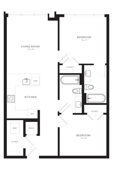 Floor plan for 2 beds, 2 baths, 788 sqft